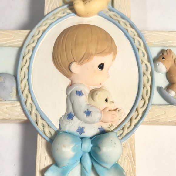 Vintage Baby Boy Cross Jesus Loves Me Precious Moments 8 x 5" Teddy Bear Blue - Picture 10 of 16